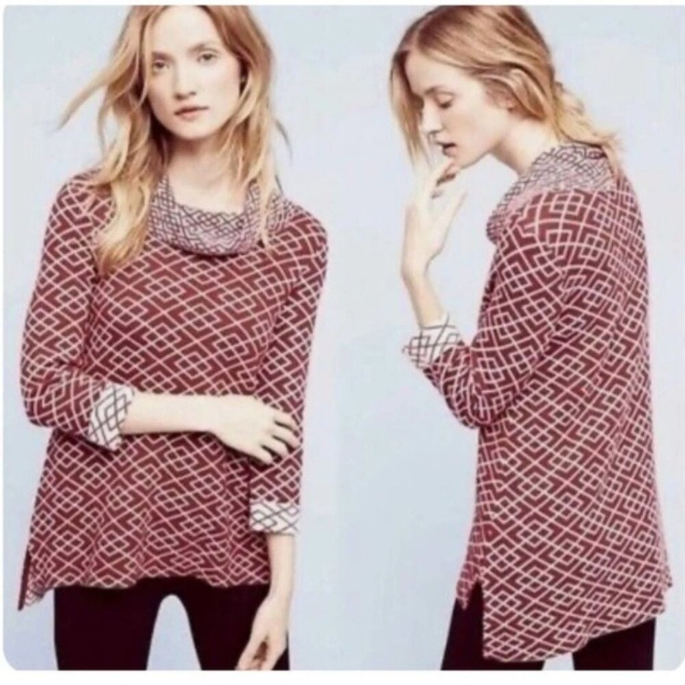Anthropologie Moth Red and Pink Cowlneck Pullover Galena Sweater
